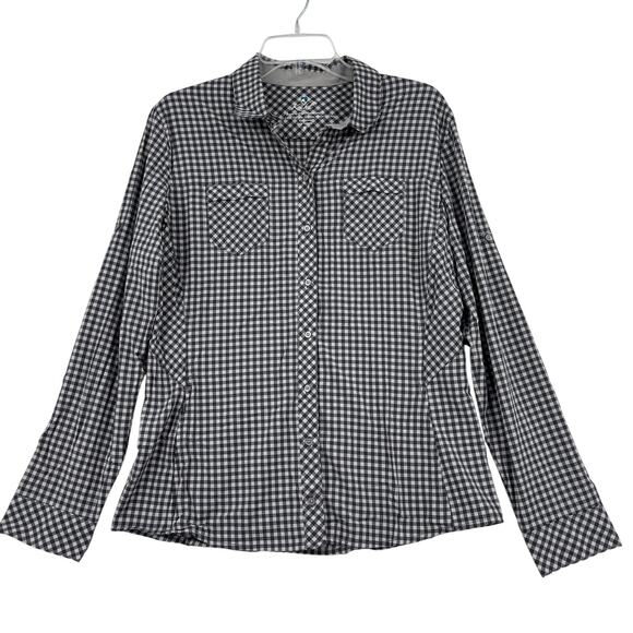 KUHL Blouse Women's M Black White Plaid Button Up Roll Tab Sleeves Stretch - Picture 1 of 13